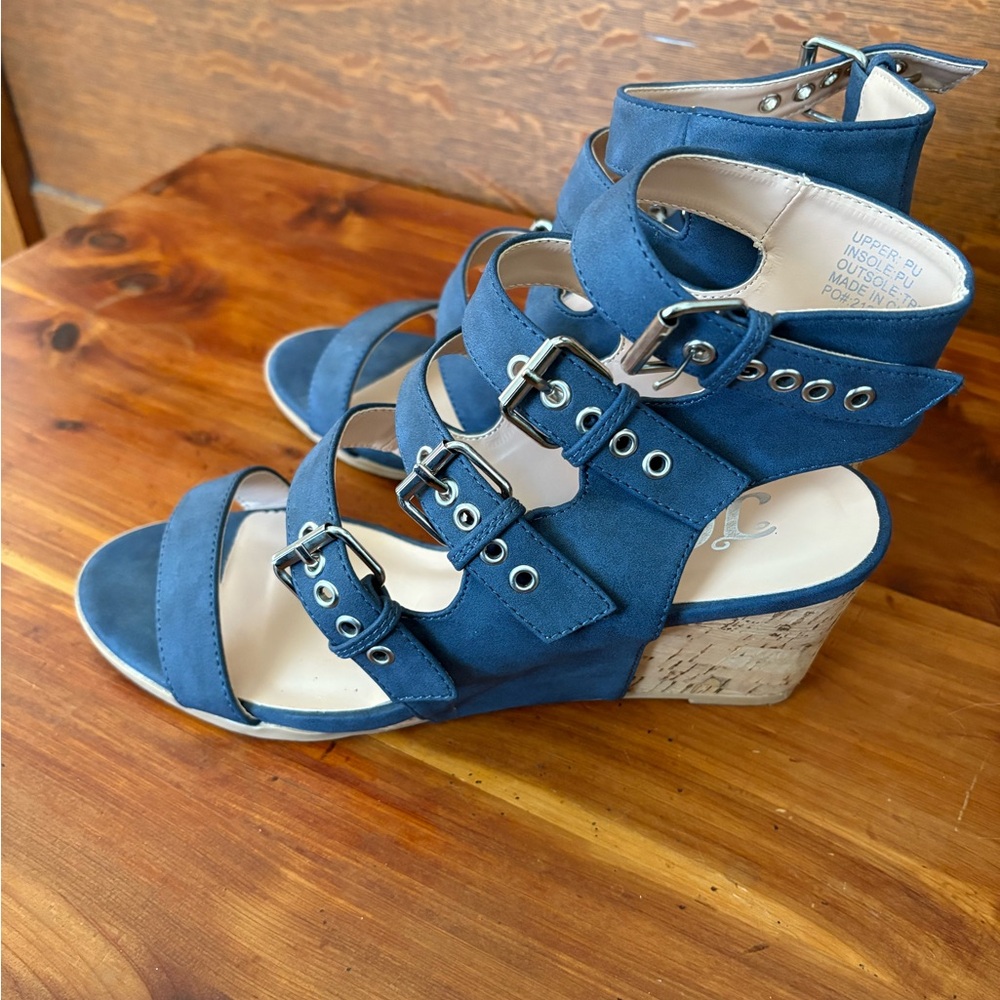 Blue Strappy Wedge Sandals